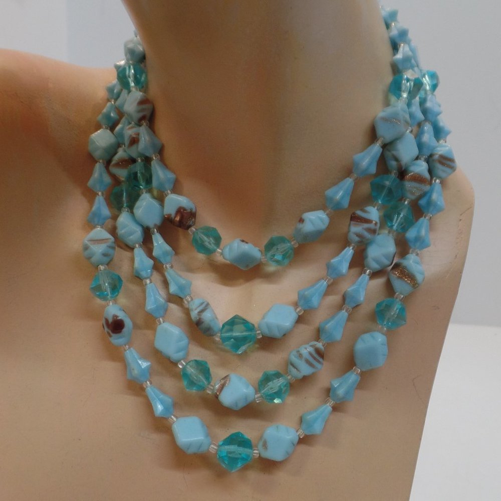 Hook Stamped Made in West Germany Multistrand Necklace (4) Adj 16" Blues